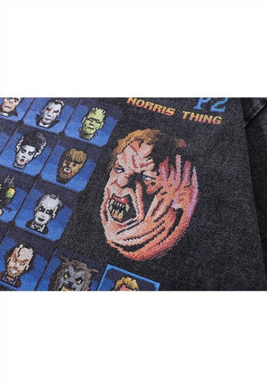 Horror movie print t-shirt vintage wash creepy long top grey