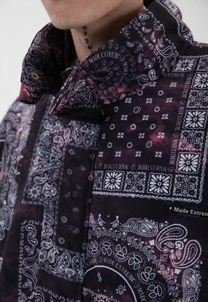 Checked paisley print bomber bandana denim jacket in black