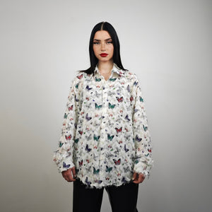 Butterfly print shirt fluffy long sleeve blouse ruffle finish romantic top retro 00s pattern jumper in off white