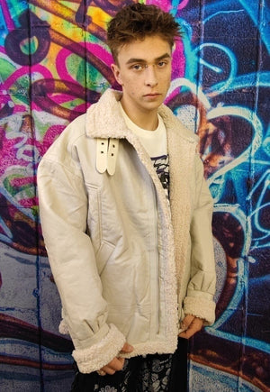 Fleece lined aviator jacket creased biker bomber off white