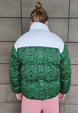 Snake print bomber python puffer jacket in green white