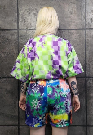 Tie-dye paisley shorts handmade bandanna overalls acid green