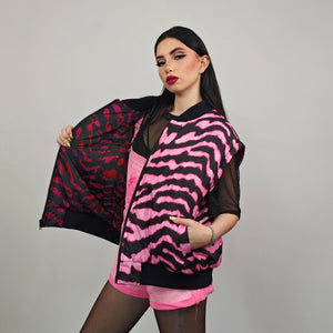 Tiger bomber pink animal print jacket raver reversible college varsity detachable sleeves handmade zebra puffer grunge festival stripe coat