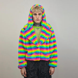 Rainbow hooded coat unicorn fleece striped gay jacket short LGBT rave bomber glitchy burning man outfit festival overcoat carnival trench