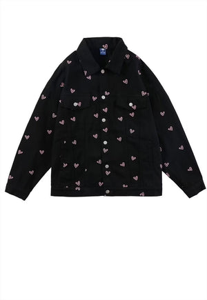 Heart embroidered denim jacket Love jean blazer in black