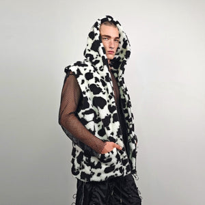 Cow fleece jacket white hooded animal print bomber festival coat furry overcoat spot print pullover Dalmatian jumper psychedelic rave top