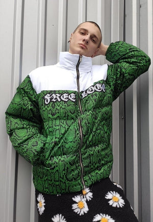 Snake print bomber python puffer rave jacket in green white