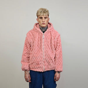 Pink fleece jacket reversible paisley hood bandanna bomber retro geometric cashew print coat detachable sleeves overcoat fluffy festival set