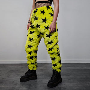 Star print joggers yellow faux fur geometric fleece pants psychedelic trousers handmade raver bottoms festival set