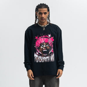 Psychopath slogan jumper long sleeve raver t-shirt grunge hip-hop top in brown