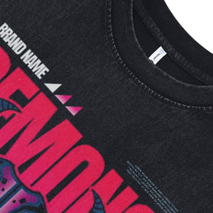 Demon print sleeveless t-shirt gothic surfer vest retro devil cartoon tank top in acid wash black