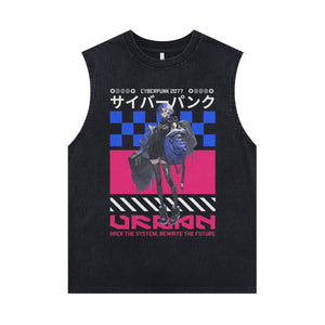 Cyberpunk anime sleeveless t-shirt vintage Japanese vest retro cartoon tank top in acid wash black