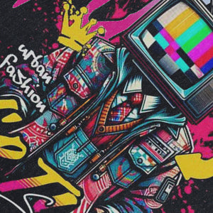 TV print sleeveless t-shirt 80s psychedelic surfer vest raver tank top in acid wash black