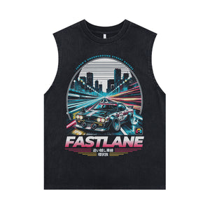 Fastlane slogan sleeveless t-shirt car print surfer vest 80s motorsports tank top in acid wash black