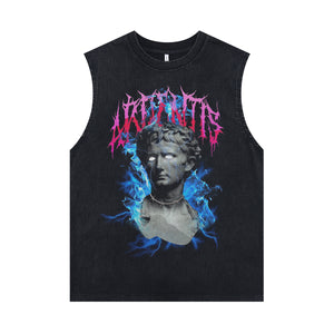 Psychedelic sleeveless t-shirt sculpture cartoon surfer vest raver tank top in acid wash black