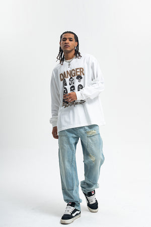 Danger slogan jumper skull print top 90s gothic poster long sleeve t-shirt in brown