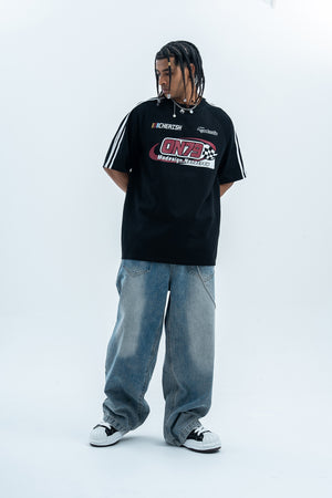 Racing t-shirt motorsports tee y2k sports top striped jumper in black