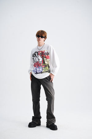 Y2K graffiti jumper skater top psychedelic hippie long sleeve t-shirt in white