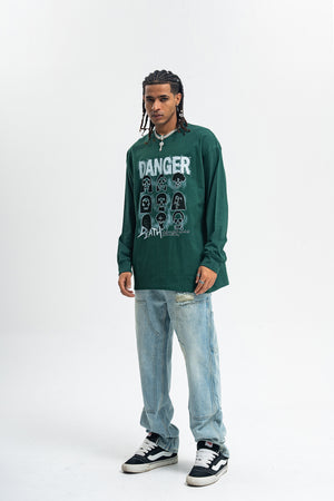 Danger slogan jumper skull print top 90s gothic poster long sleeve t-shirt in brown