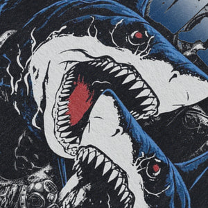 Shark print sleeveless t-shirt retro sea monster surfer vest 90s animal tank top in acid wash black