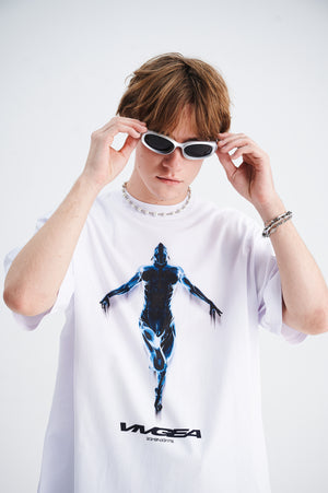Cyber human t-shirt psychedelic top futuristic tee in white