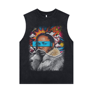 Rapper sleeveless t-shirt vintage gangster vest hip-hop tank top in acid wash black