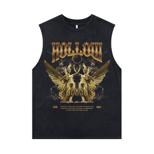 Ancient cartoon sleeveless t-shirt Greek surfer vest hollow slogan tank top in acid wash black