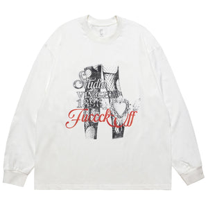 Fuck off slogan jumper pinup girl print top long sleeve retro grunge t-shirt in brown