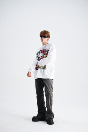 Y2K graffiti jumper skater top psychedelic hippie long sleeve t-shirt in white