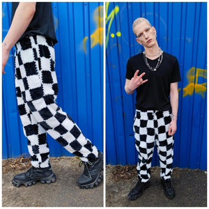 Checked trench coat faux fur white black overcoat plaid jacket SKA bomber detachable sleeves handmade rave puffer festival Coachella fleece