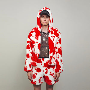 Cropped cow print coat red white fleece trench animal print jacket detachable sleeves handmade spot pattern party overcoat festival set