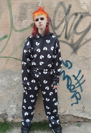 Broken heart joggers handmade Love cartoon overalls black