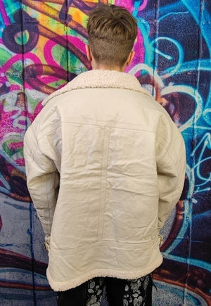 Fleece lined aviator jacket creased biker bomber off white