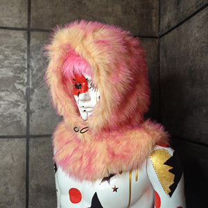 Faux fur hood pink striped snood handmade hooded hat raver cap all over fluffy fleece scarf unisex bucket grunge winter festival headwear