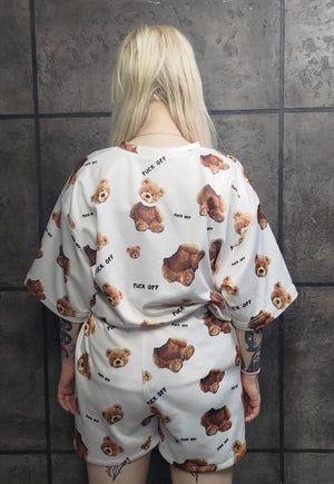 Teddy bear shorts handmade animal print overalls in cream