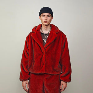 Red faux fur coat cropped trench short going out jacket grunge detachable sleeves handmade luxury festival overcoat fleece