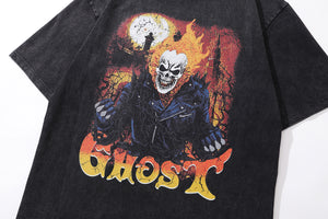 Biker t-shirt ghost slogan tee skeleton print top in vintage grey