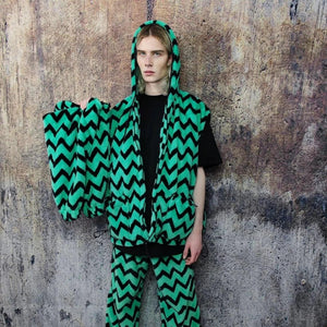 Zigzag fleece jacket green hooded geometric bomber luxury grunge coat detachable sleeves handmade stripe pattern overcoat fuzzy festival set