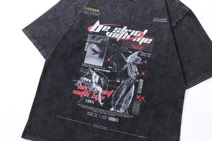 Cyberpunk t-shirt angel print tee futuristic grunge top in vintage grey