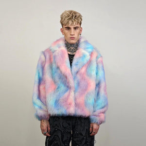 Rainbow faux fur coat tiedye trench shaggy cropped gay jacket LGBT bomber fuzzy unicorn detachable sleeves festival overcoat carnival fleece