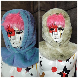 Snake print hood red faux fur snood handmade hooded hat python cap allover fluffy fleece scarf unisex bucket grunge winter festival headwear