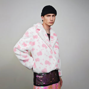 Cropped cow print coat pink white fleece trench animal print jacket detachable sleeves handmade spot pattern party overcoat festival set