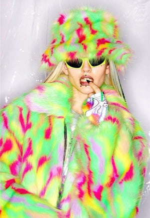 Festival faux fur bucket hat fluffy neon hat tropical print