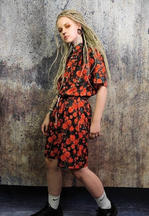 Floral sports set rose pattern shirt & shorts combo in red