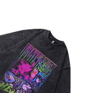 Cute anime girl t-shirt Japanese cartoon tee fraternity slogan top in vintage grey