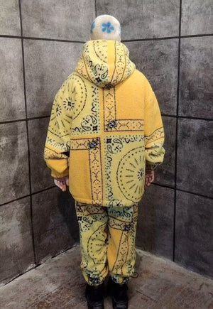 Paisley fleece jacket yellow bandanna faux fur fluffy bomber
