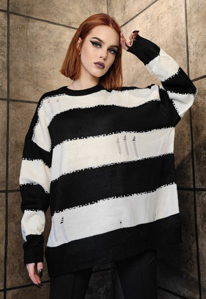 Punk stripe sweater distressed grunge jumper in white black