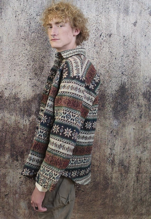Stripe print thick shirt loose fit retro Aztec jacket brown