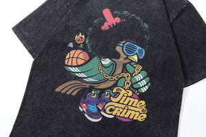 Hip-hop t-shirt gangster cartoon print tee retro rapper top in vintage grey