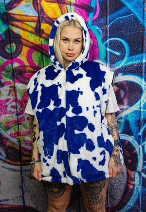 Cow fleece hooded jacket detachable fluffy animal print coat